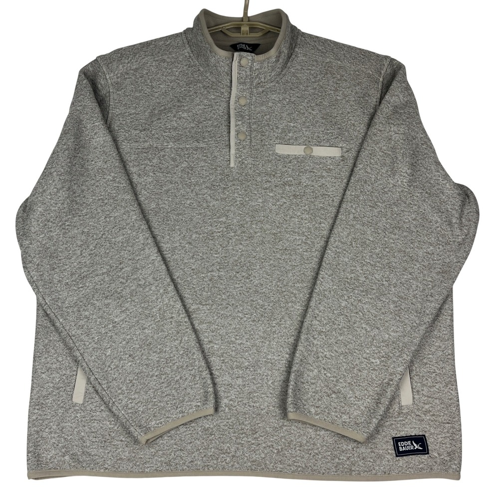 Eddie Bauer Pullover Sweatshirt Mens XXL Snap Neck Marled Fleece Lined‎ Tan